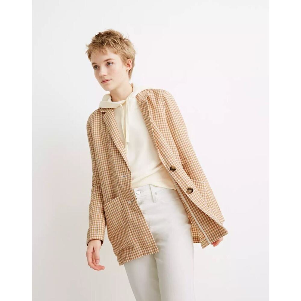MADEWELL Linen Dorset Boyfriend Blazer Gingham Check Nordstrom XS NWOT $158